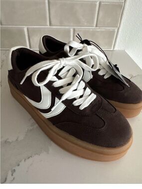 Platform Suede Athletic Sneakers in Dark Brown with White Accents